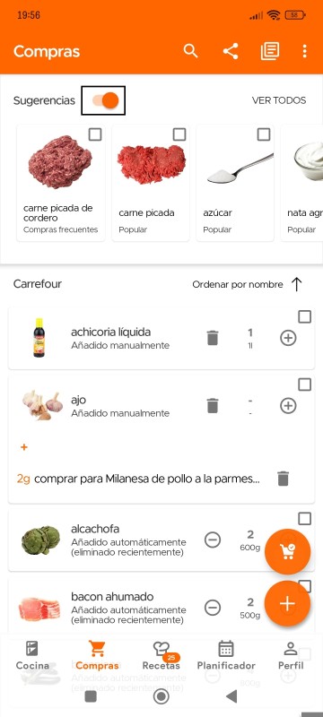 Toggle suggested items switch on Shopping List